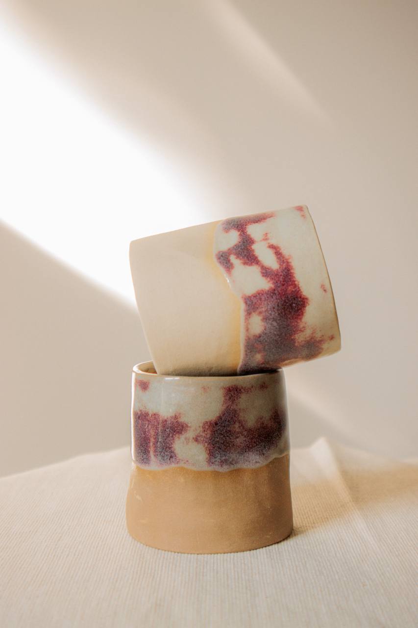 Handmade crumpled ceramic cup "Berry Mist" - Chocolate Clay, 150 ml