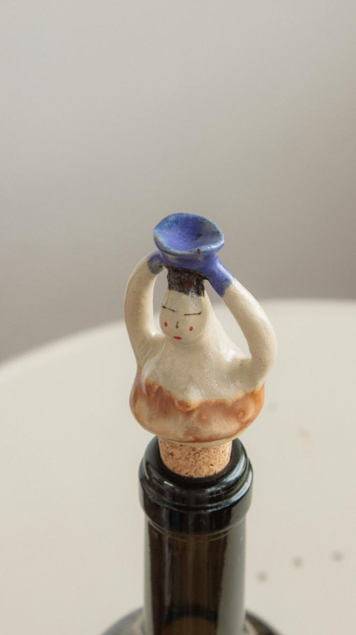 Decorative Ceramic Wine Stopper - Beige & Azure Woman