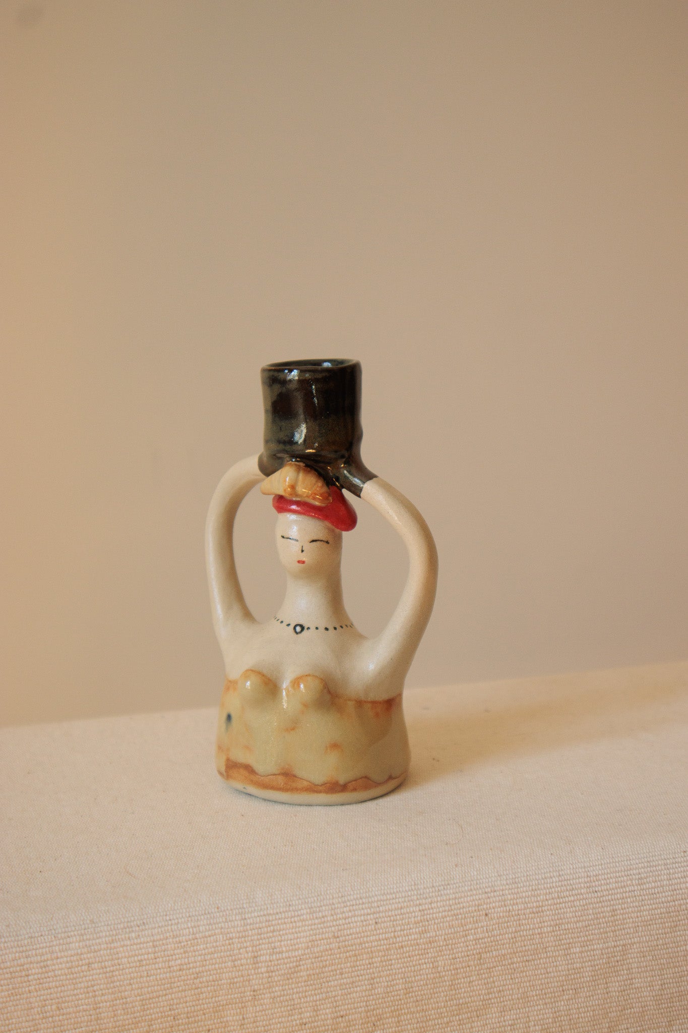 Handmade Сeramic Candle Holder - Mademoiselle Croissant