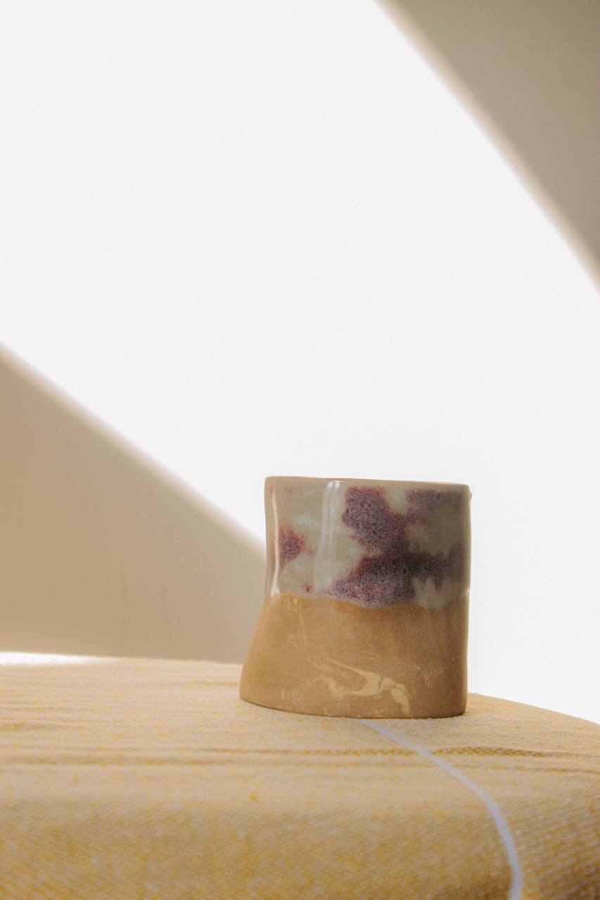 Handmade crumpled ceramic cup "Berry Mist" - Chocolate Clay, 150 ml