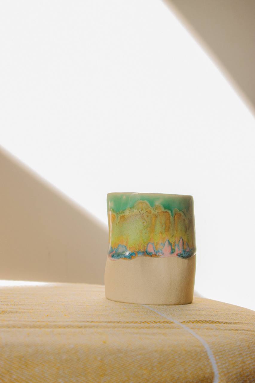Handmade crumpled ceramic cup - "Ethereal moss", 200 ml