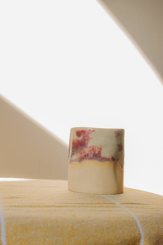 Handmade crumpled ceramic cup "Berry Mist" - Light Clay, 180 ml