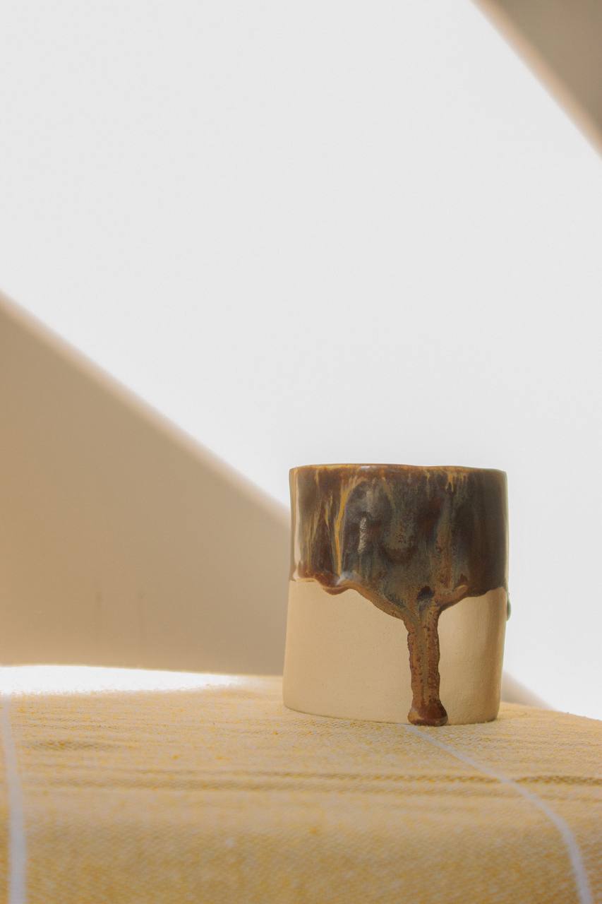 Handmade crumpled ceramic cup - "Chocolate", 200 ml