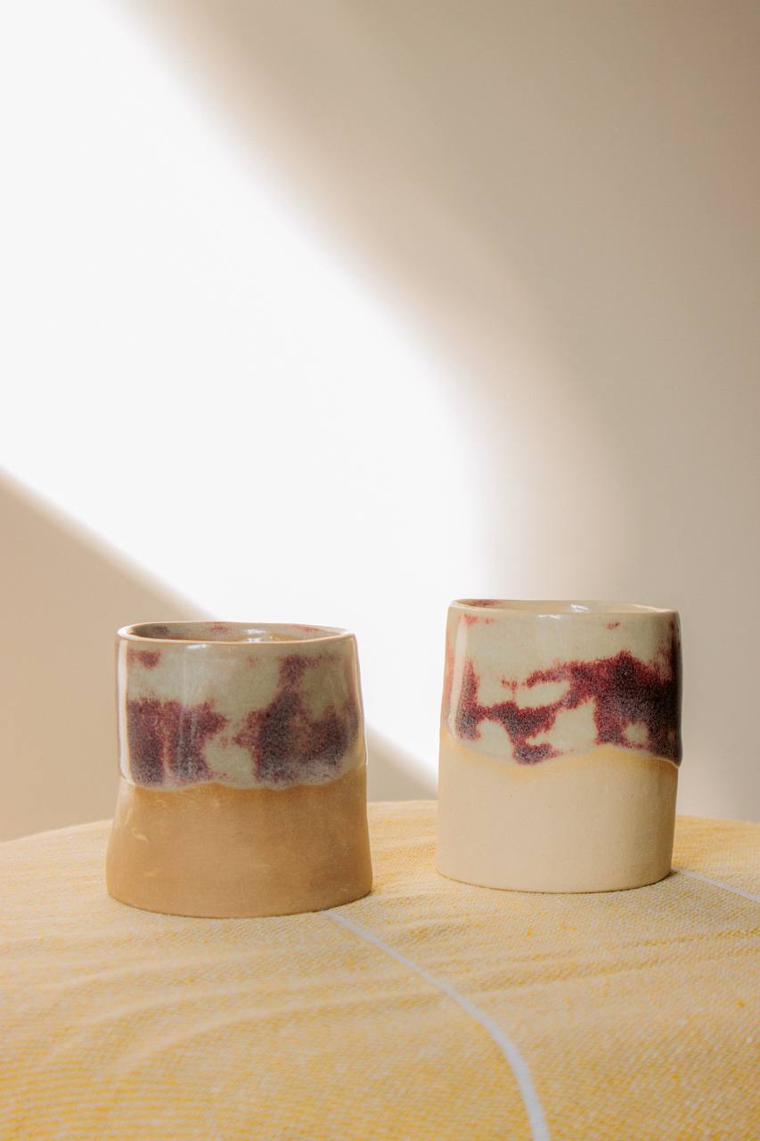 Handmade crumpled ceramic cup "Berry Mist" - Light Clay, 180 ml