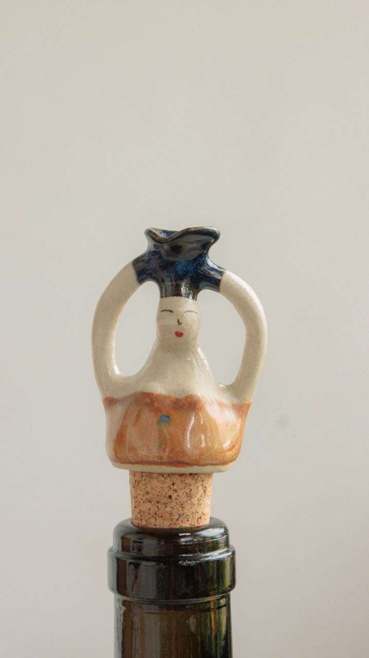 Decorative Ceramic Wine Stopper - Sand & Navy Woman