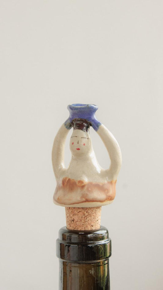 Decorative Ceramic Wine Stopper - Beige & Azure Woman
